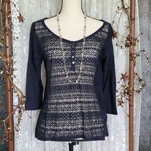 Hollister Navy Lace Front 3/4 Sleeve Medium Top